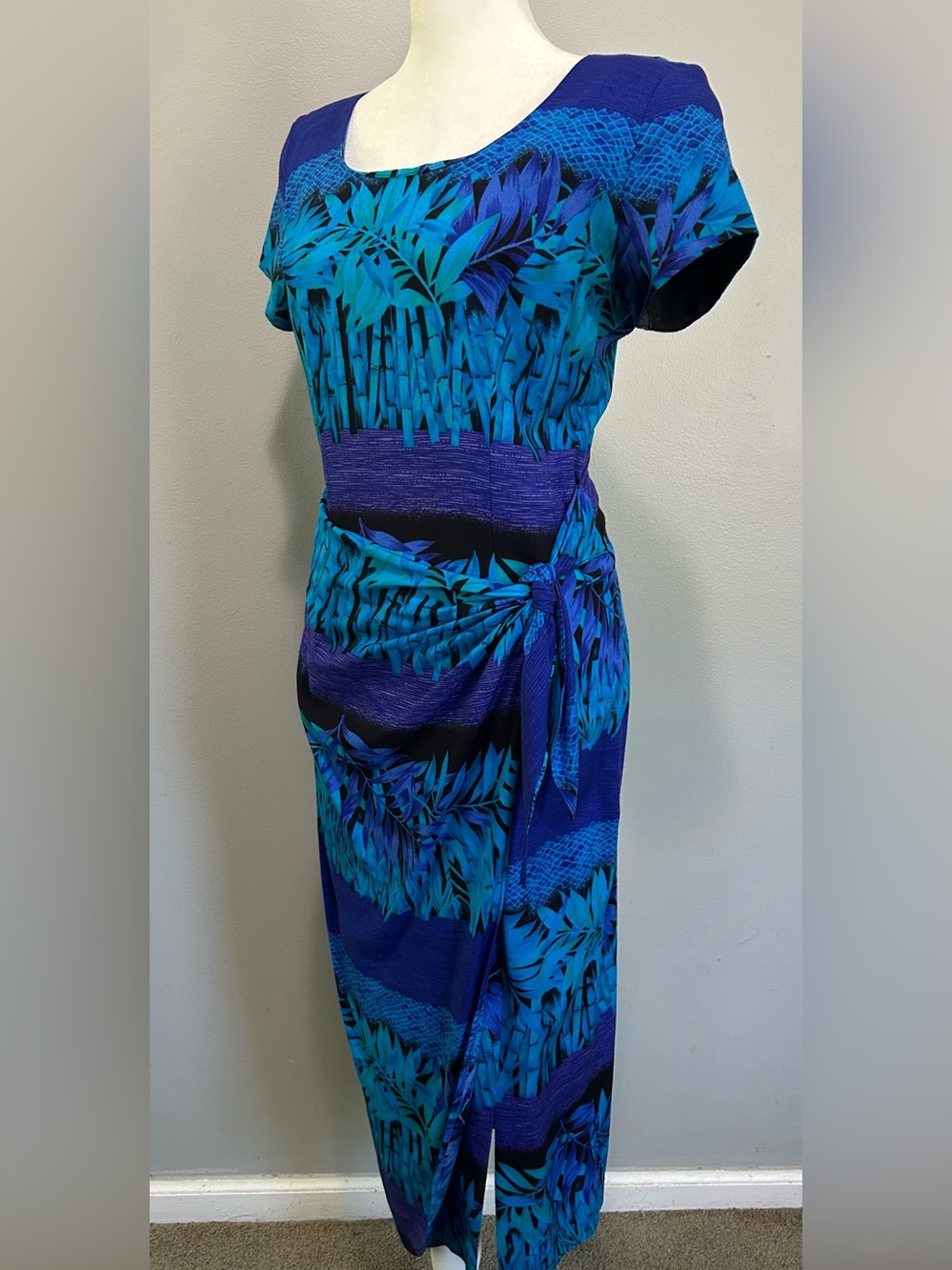 Vintage Island vibes Tropical Blue Teal purple Leaf Print wrap Dress - Picture 3 of 8